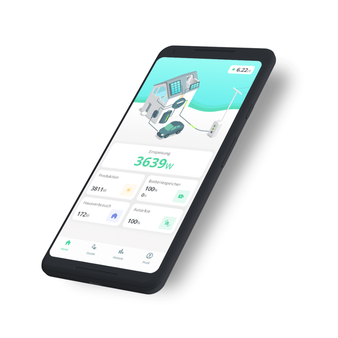 Handy mit Bild von einem Energiemanagementsystem.